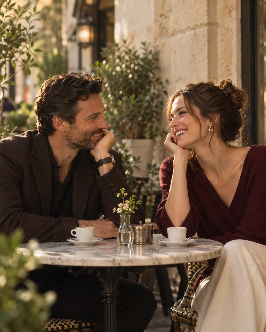 Illustration of two adults enjoying a relaxed conversation on a café terrace